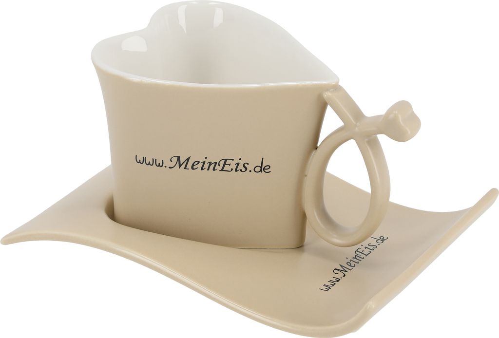 TIBU Tasse und Untertasse Set Herzform Beige Keramik für Kaffee Tee kreatives Geschenk Valentinstag Geburtstag (200ml)