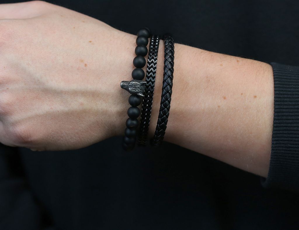 Frank 1967 7FB-0618 Rundes geflochtenes Lederarmband - 21cm - 1cm verstellbares Glied - 6mm Dicke - Stahlverschluss - Schwarz - Stahlfarbe