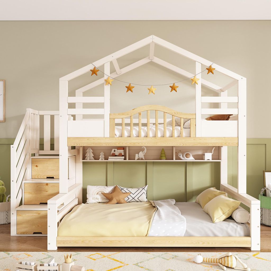 STILVORA Etagenbett 90x200/140x200 mit zwei Matratze Kinder Hausbett, Hochbett mit Treppenschrank und Stauraumregalen, Familienbett in Weiß und Na...
