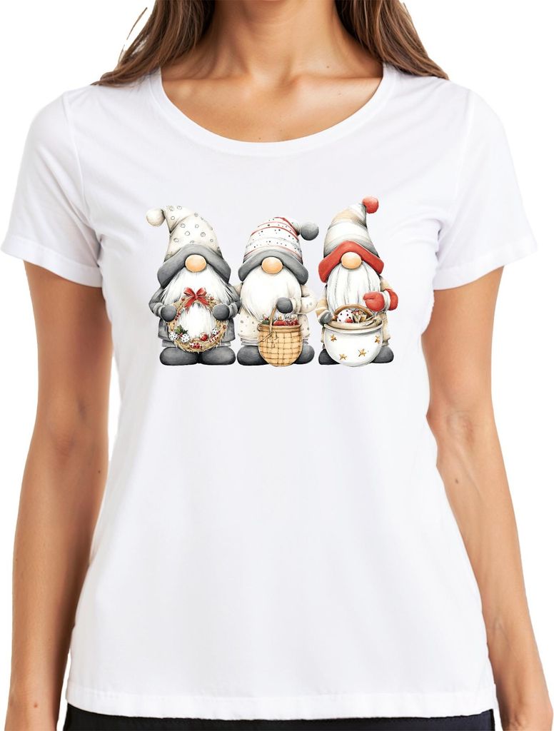 Weihnachtswichtel Gnome Weihnachten Kranz Zipfelhut süß Nordic Damen T-Shirt, Weiß, S