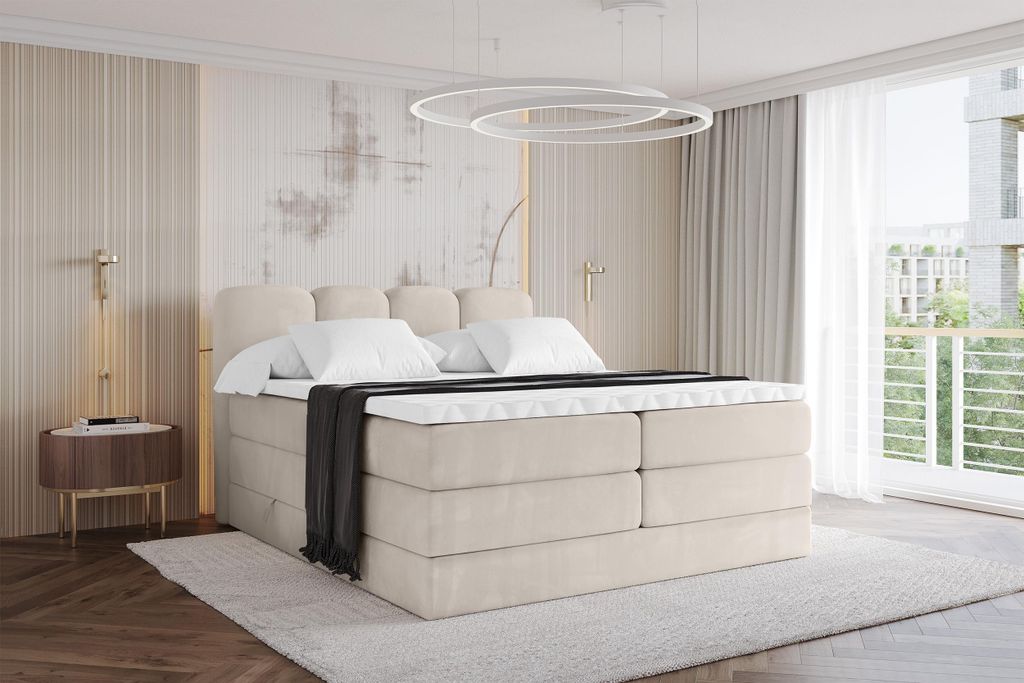ALTDECOR Boxspringbett - H3/H4 Matratze und Topper - NINA KING - 140x200 - Beige - Doppelbett, Boxbett, Polsterbett mit Bettkasten mit Stauraum und...