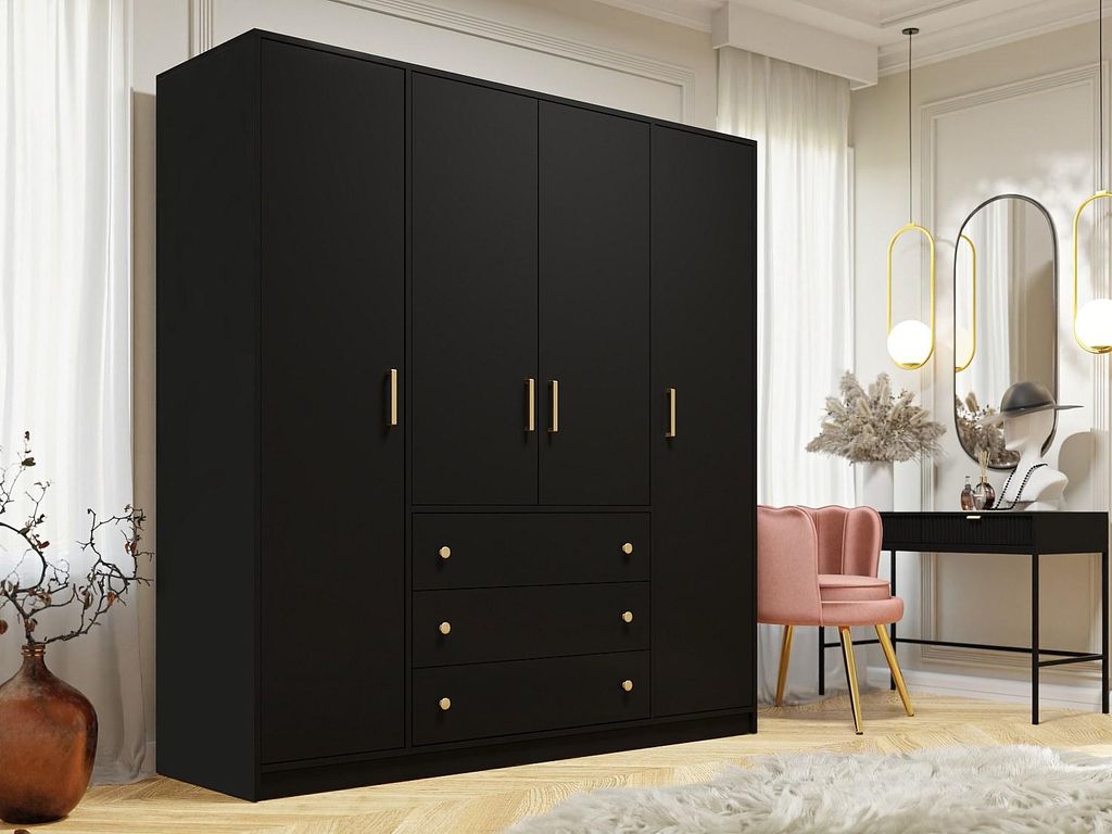 Vente-unique LIZANDRO, Schwarz, Garderobe, 10 Regale, 4 Tür(en), Schwarz, Partikelbord