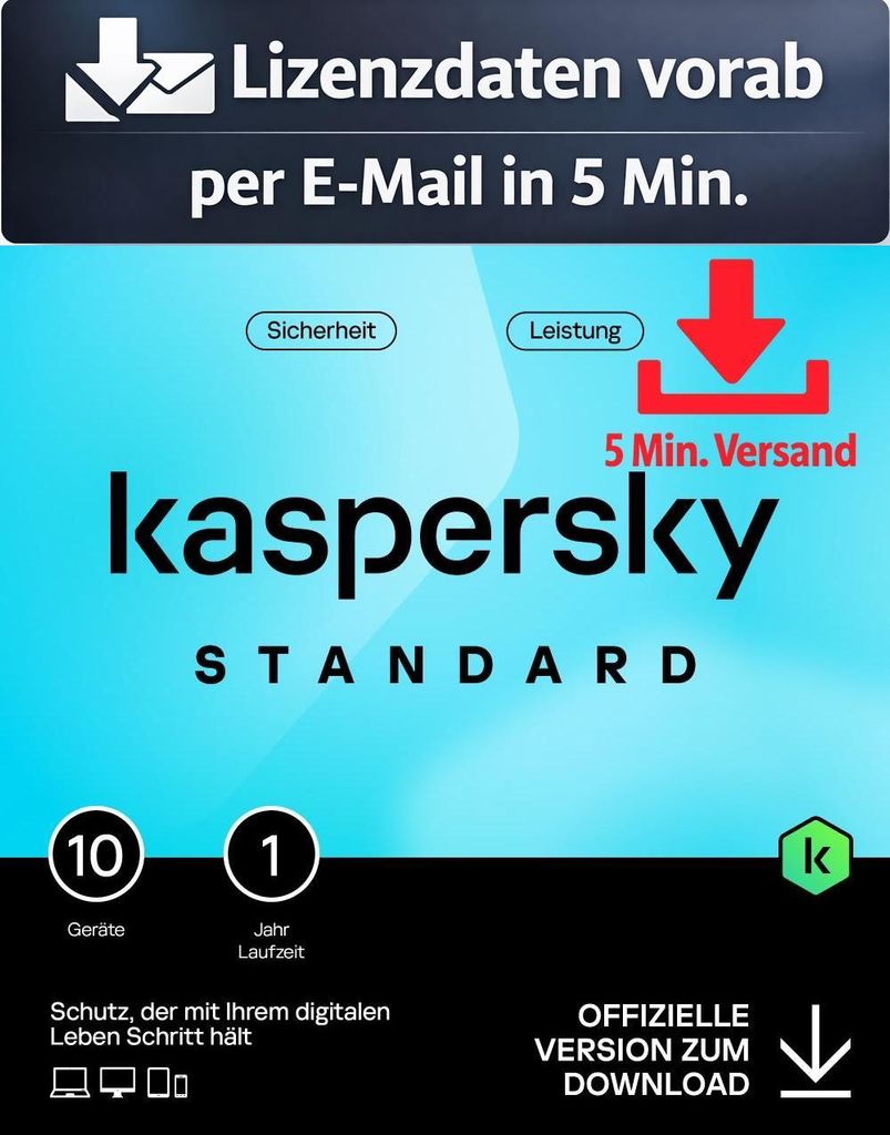 Kaspersky Standard (10 Devices - 1 Jahr) EU ESD Antivirus Sicherheit 5 Min. Versand als Download per Mail