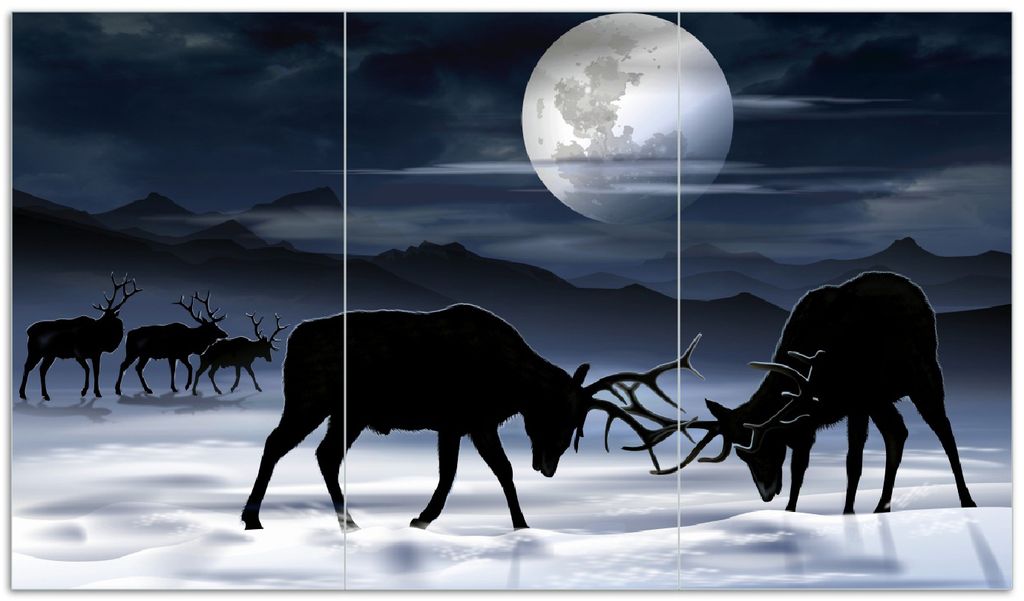 Wallario Herdabdeckplatte aus Glas, Größe 90 x 52 cm 3-teilig, Motiv Elch im Schnee bei Mondschein - Silhouette am Abend
