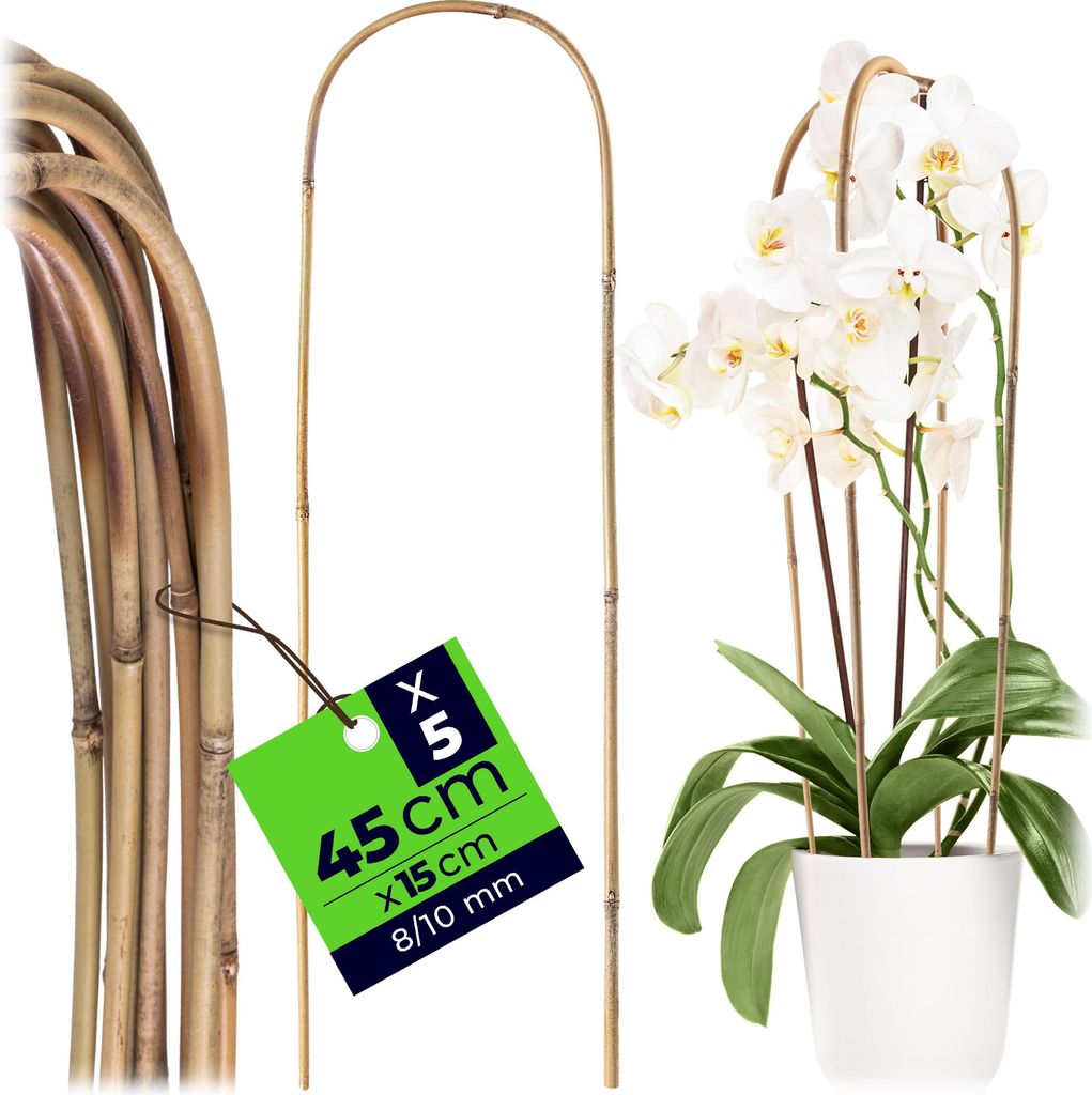 KADAX Bambusstäbe in U-Form, 45cm x 8/10mm x 15cm, 5er Set, Orchideenstäbe aus Bambus, stabile Rankhilfe in Bogenform, Pflanzstäbe für Kletterp...