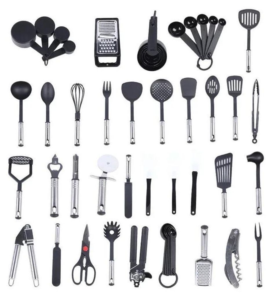 40-teiliges Küchenutensilien-Set, Edelstahl, zum Aufhängen, schwarz – Löffel- & Zubehörset zum Kochen und Backen