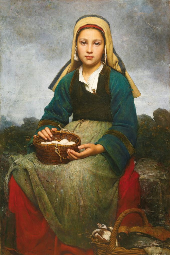 Emile Auguste Hublin Kunstdruck Bild - Junges Mädchen Mit Einem Korb Voller Eiern, 1874 (120 x 80 cm)