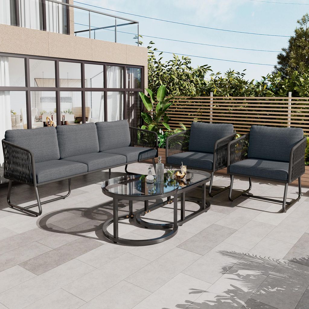 5-teilig Garten-Lounge-Set Sitzgruppe Seil & verzinktes Eisen 5 Personen inkl. 2 Tische & 7cm Auflagen graue