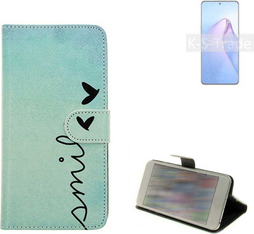 K-S-Trade Schutz Hülle Handy Hülle kompatibel mit Oppo Reno8 Pro Global Hülle Handyhülle cover bookstyle Etui Handyhülle ''smile'' türkis