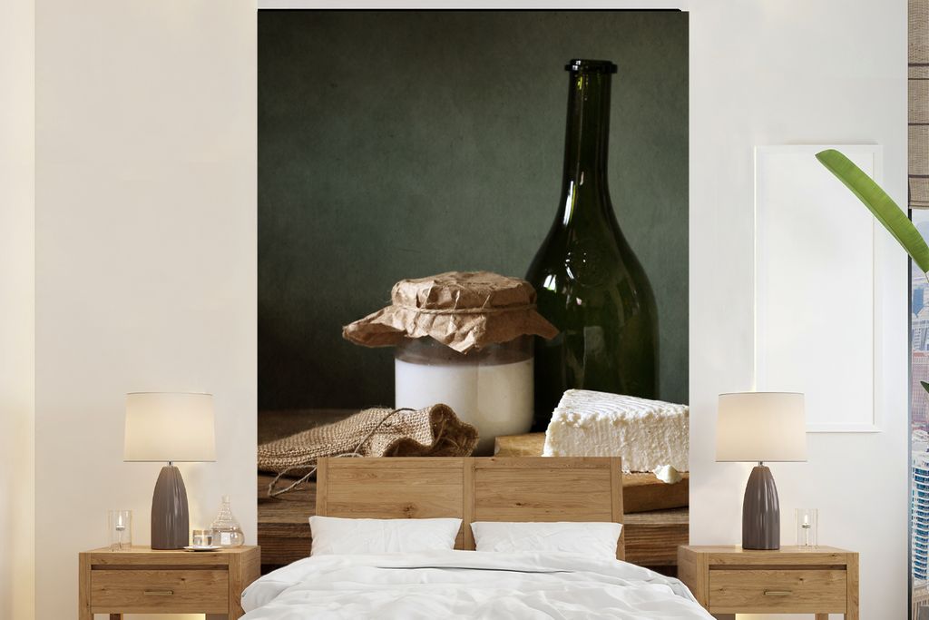 MuchoWow Fototapete für Wohnzimmer oder Schlafzimmer Wandtapete Vinyl Motivtapete Rustikal - Brie - Stillleben - Flasche - Brot - 155x240 cm - T...