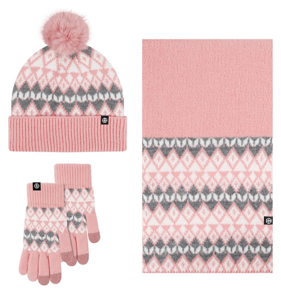 Damen Wintermütze, Schal und Handschuhe Set mit Bommel, warme Mütze, langer Strickschal, Touchscreen-Handschuhe, dick und warm, 3-in-1-Set