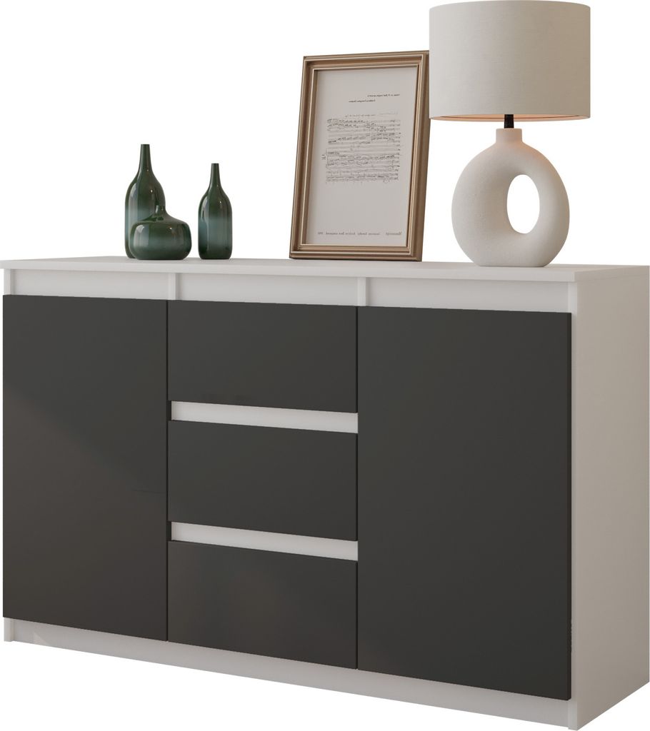 FURNICA - MIKEL - Kommode / Sideboard mit 3 Schubladen und 2 Türen - Weiß Matt / Athrazit Grau H75cm B120cm T35cm