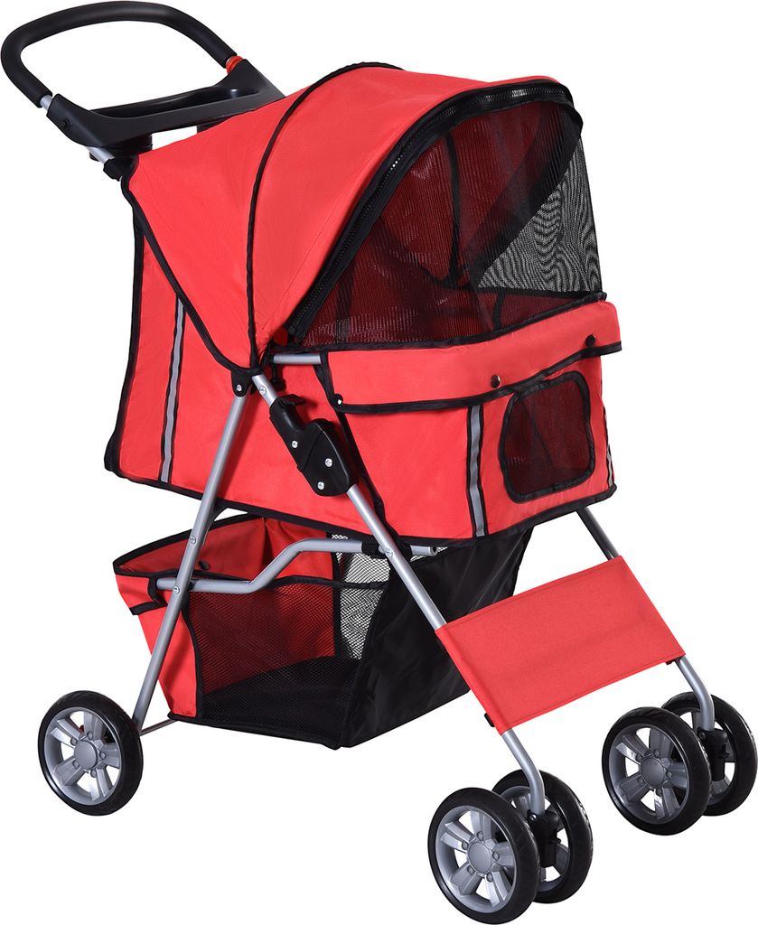 PawHut Hundewagen, klappbar Hundebuggy für kleine Hunde und Katzen bis 10kg, Katzenbuggy mit Netzfenstern Getränkehalter, Haustierwagen Oxford, Rot