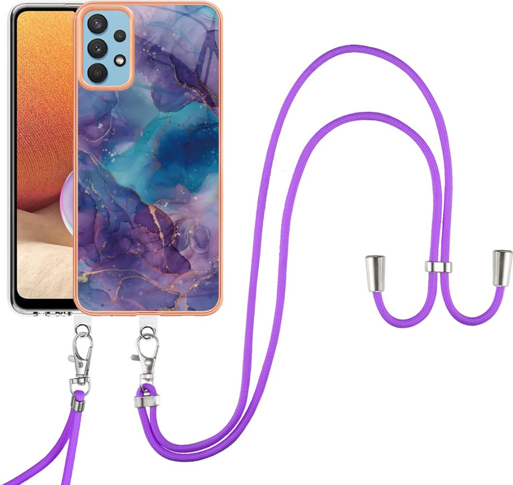 Galaxy A32 4G Handykette Hülle, Muster TPU Bumper Schutzhülle mit verstellbarem Tragegurt für Samsung Galaxy A32 4G Lila
