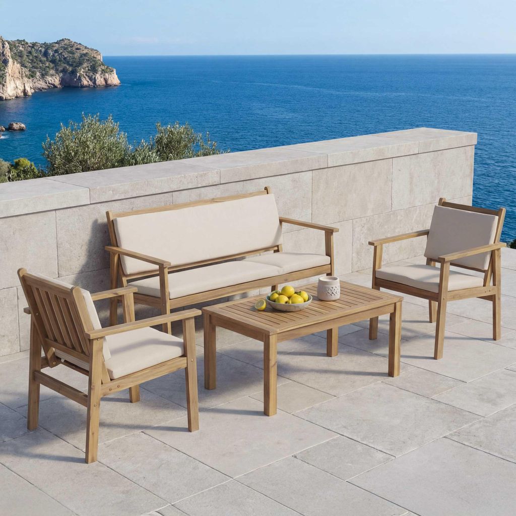 Garten-Garnitur MCW-O19, Lounge-Set Sitzgruppe Bank Sessel Tisch, Holz Akazie MVG Stoff/Textil (180g/m²) Kissen beige