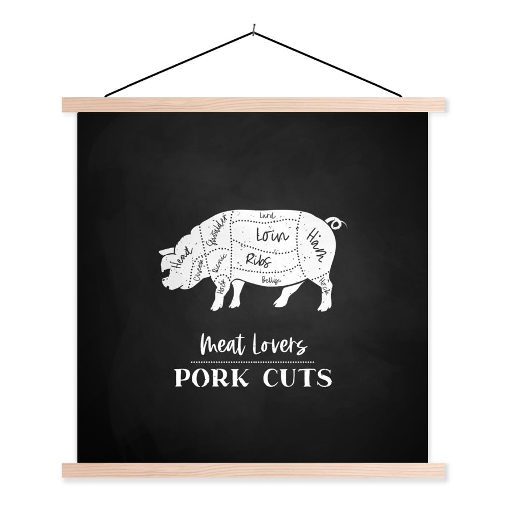 MuchoWow Textilposter Küche - Schwein - Fleisch 40x40 cm mit holzfarbenen Rahmen - Posterleiste