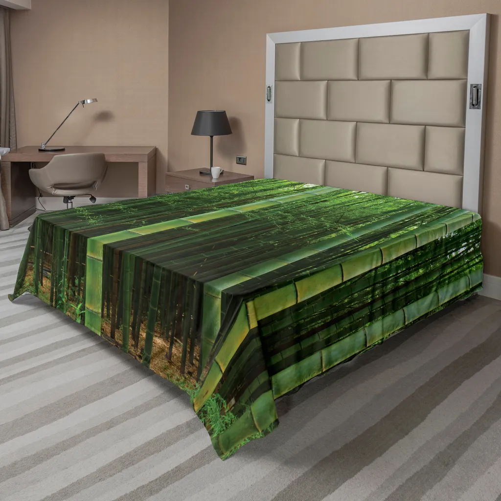 Linge de lit décoratif bambou pour chambre zen 244 x 205 cm vert imprimé
