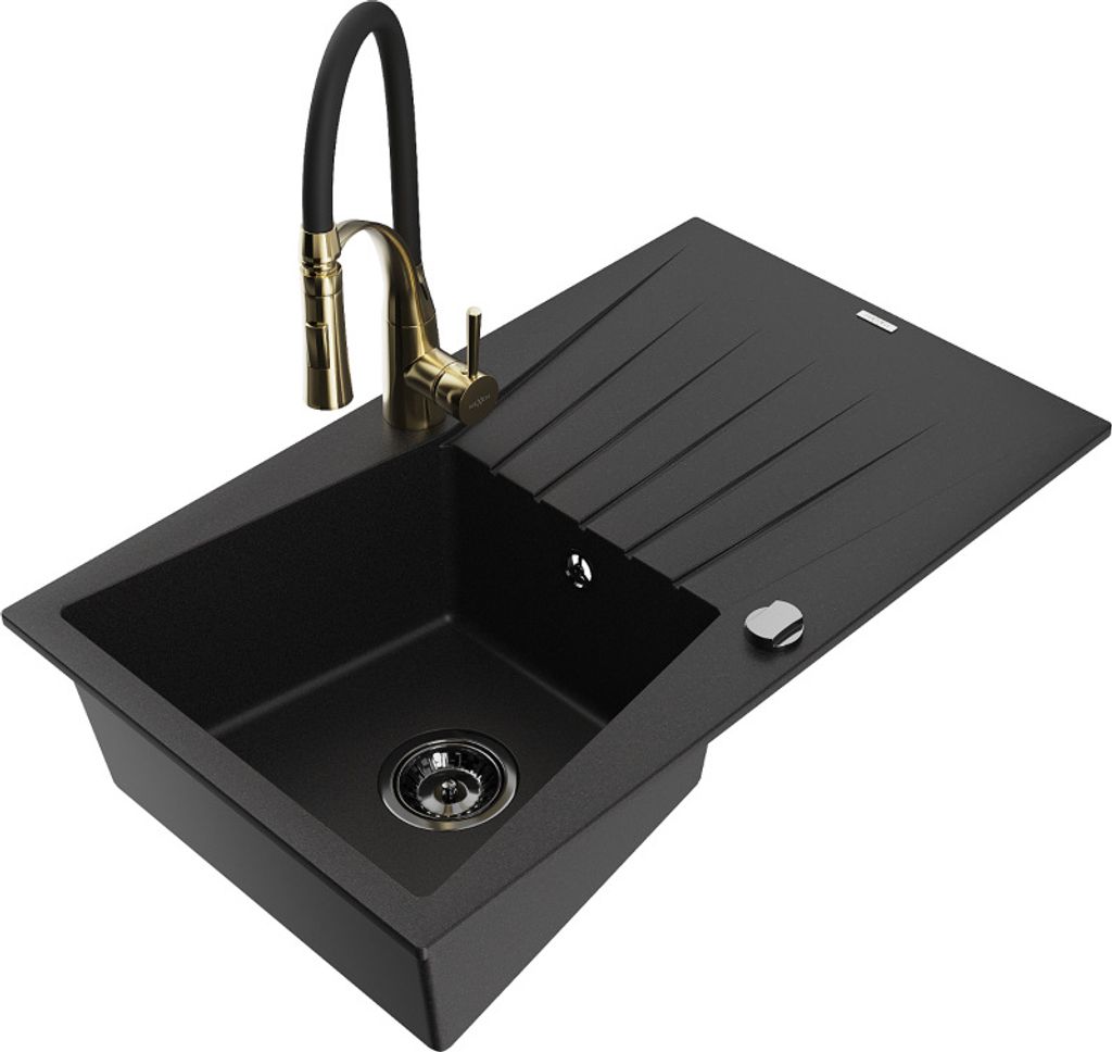 Mexen Cesar 1 Becken-Granitspüle mit Abtropffläche und Mischbatterie Aster, Schwarz - 6514-77-73450-57-B
