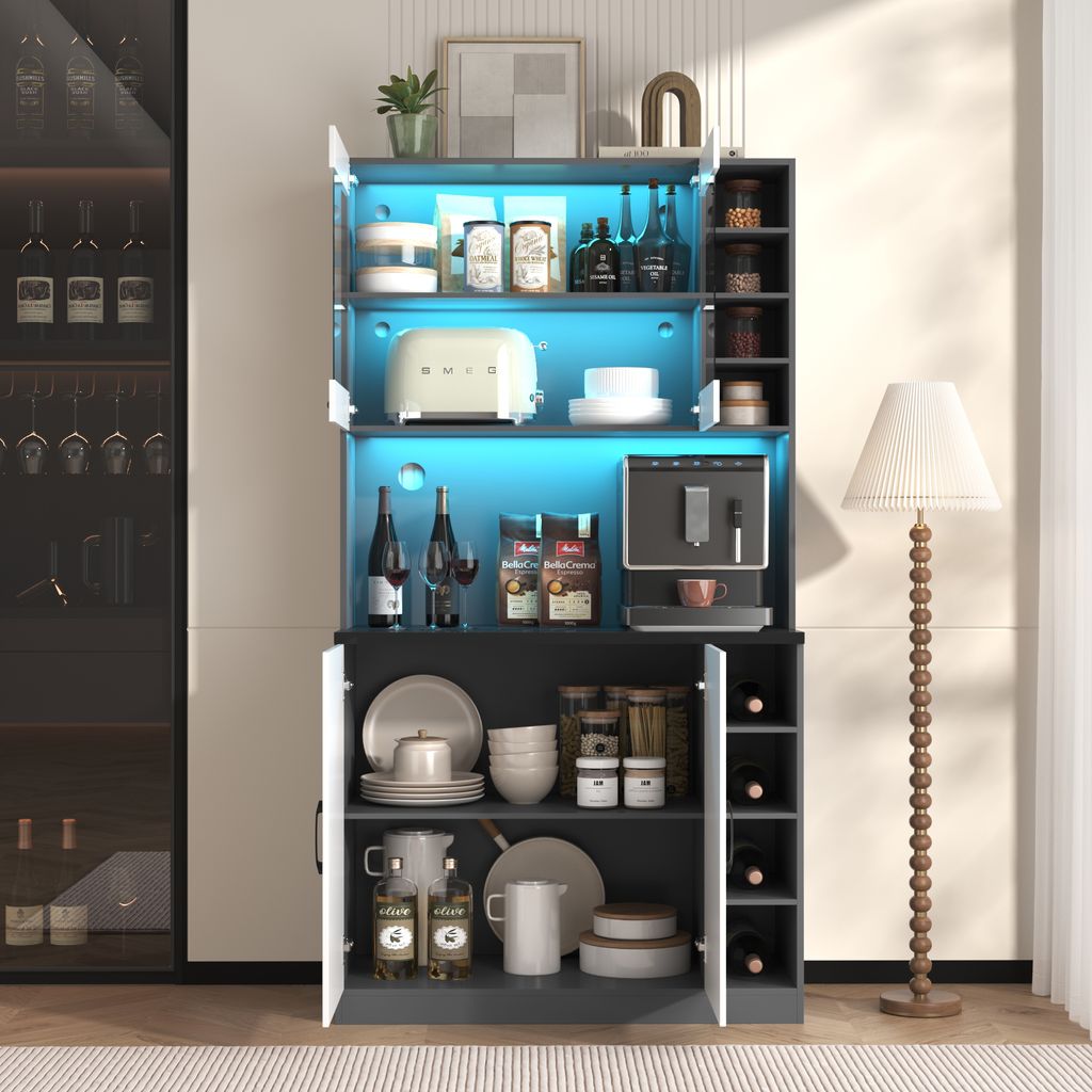 Küchenschrank mit LED-Beleuchtung, freistehender Highboard aus Holz,100x47x187cm, Schwarz