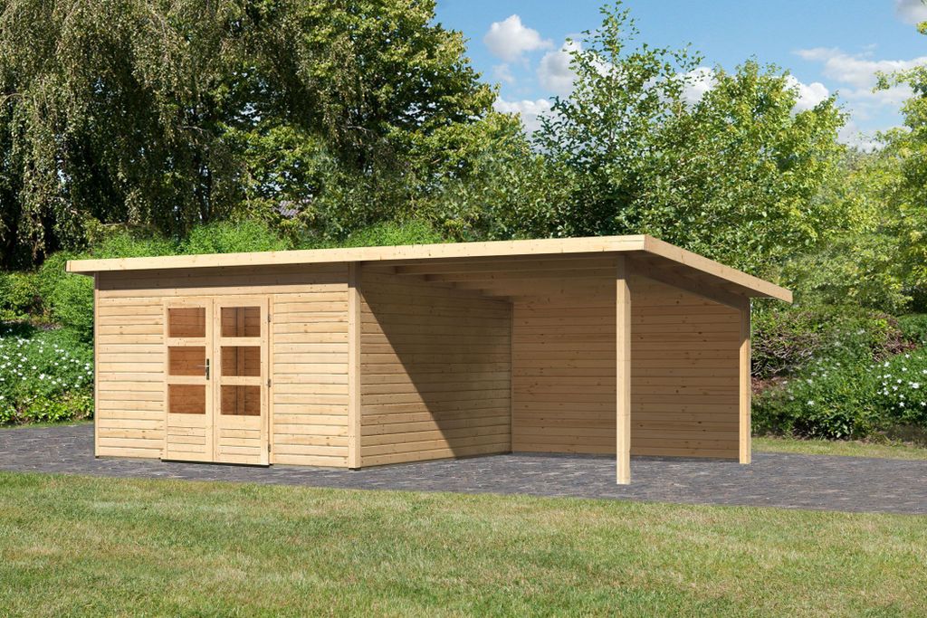 Karibu Gartenhaus Gerätehaus Northeim 5 im Set mit einem Anbaudach Breite 3,3 m und 28mm Rückwand naturbelassen 665x369x229,5 cm