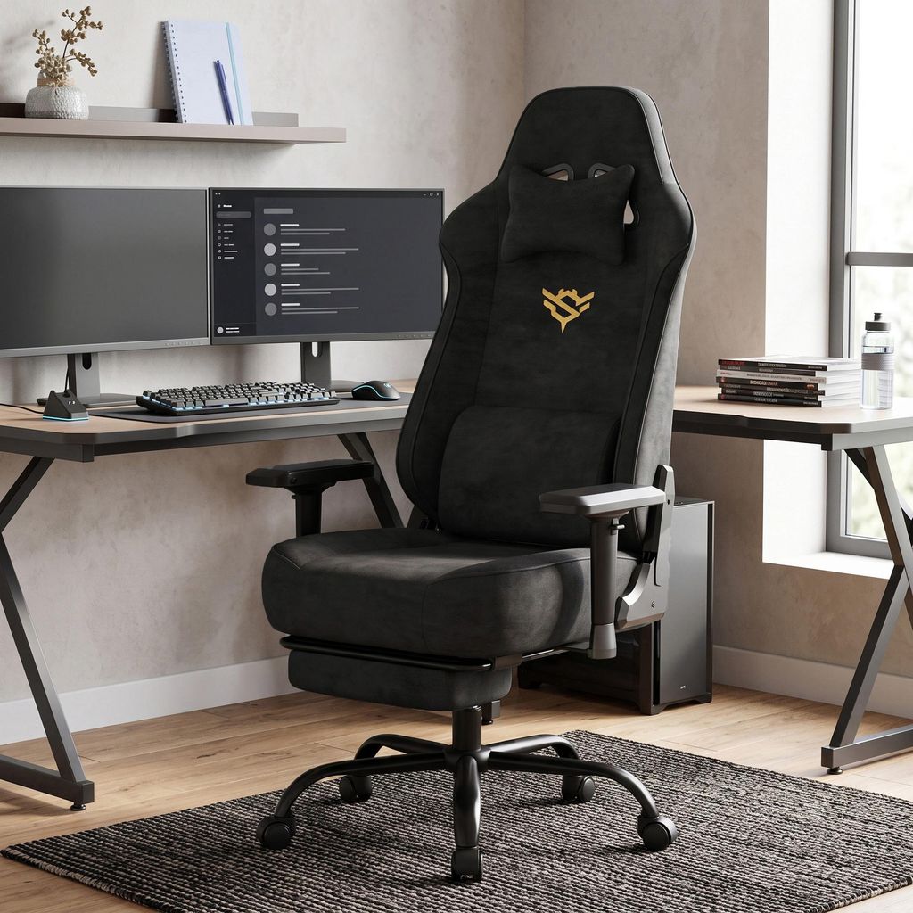 SONGMICS Gaming Stuhl aus WildKunstleder mit Fußstütze und Produktbild 