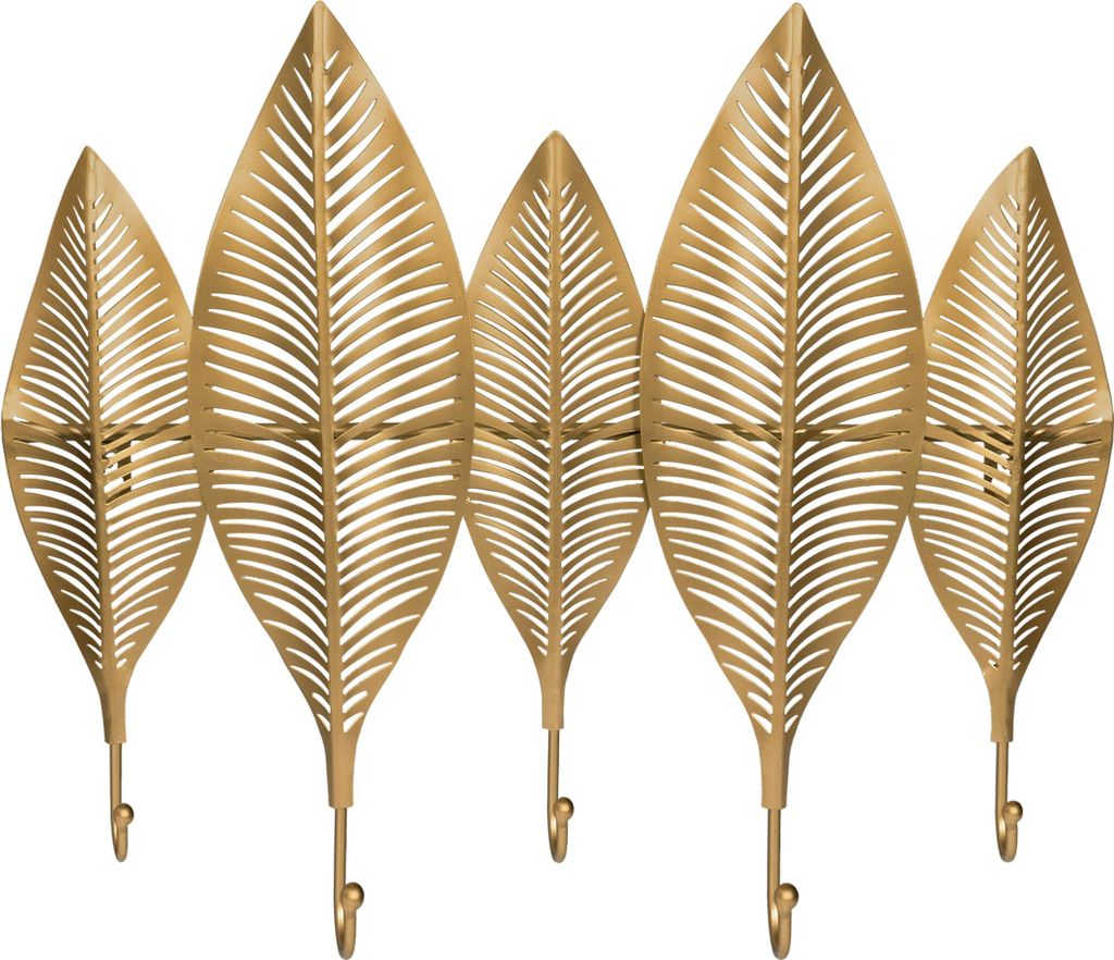 A set of five decorative leaf-shaped wall hooks in a gold finish, arranged horizontally against a white background.