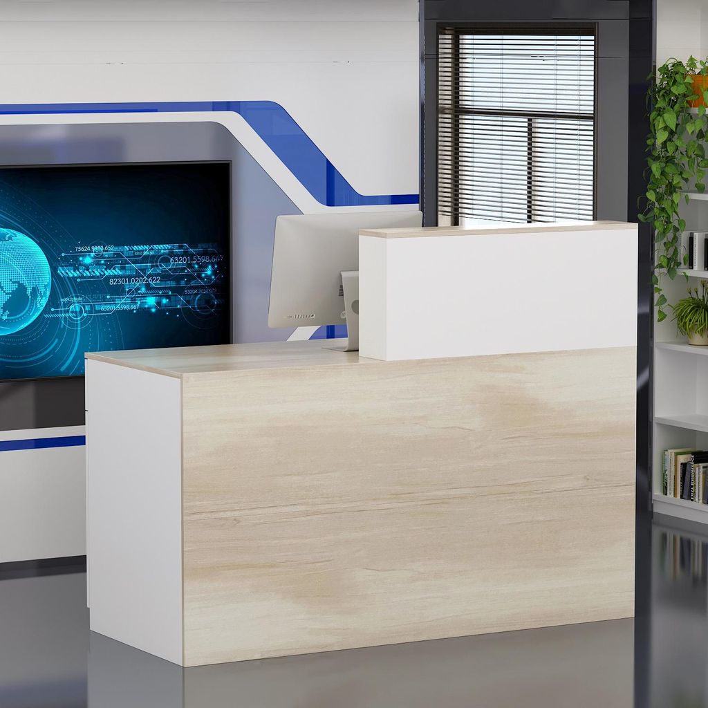 Empfangsschrank mit 4 offenen Fächern, Theken mit Schublade und Türschrank, Bürotheke, Rezeption Tisch mit Tastaturauszug, Weiß, MDF, 140 × 11...