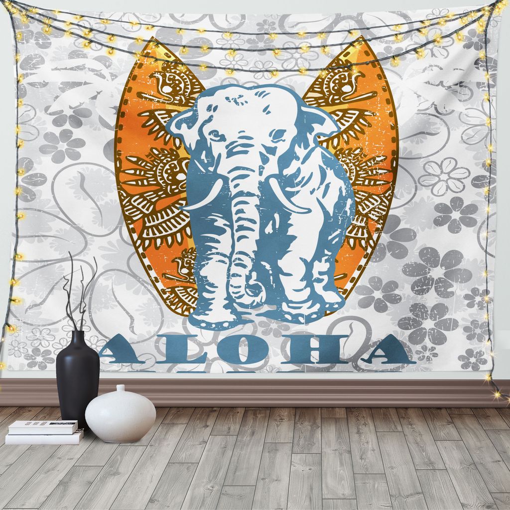 ABAKUHAUS Blumen Wandteppich, Surfbrett und Elefant, Wohnzimmer Schlafzimmer Heim Seidiges Satin Wandteppich, 200 x 150 cm, Blaugrau Hellgrau Orange