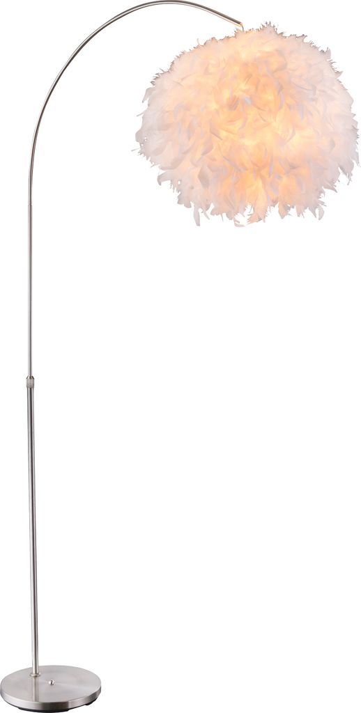 A white feather floor lamp with a silver metal stand.