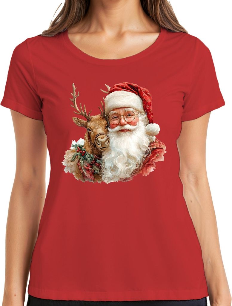 Weihnachtsmann Rentier Weihnachten Geschenk Vintage Retro Brille Damen T-Shirt, Rot, 3XL