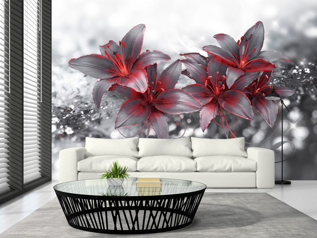 Vlies Fototapete Blumen Lilien 400x280 cm Tapeten Wandtapete XXL 3D Effekt optische Täuschung weiß grau rot b-A-0300-a-b