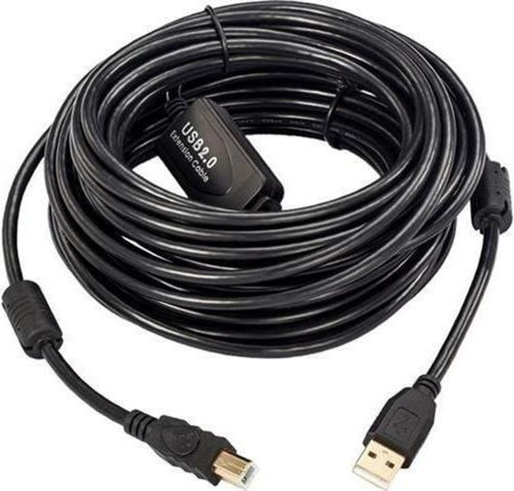 A coiled black USB 2.0 extension cable with a male and female connector.