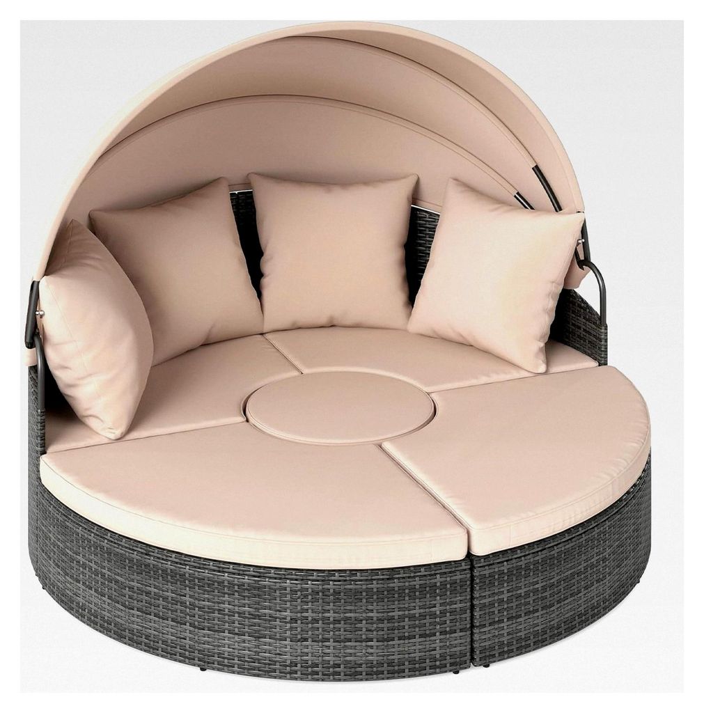 Sonneninsel mit Dach und Tisch, Rattan-Sonnenliege für 2 Personen, Gartenliege mit Sitz- und Rückenkissen, Lounge-Möbel für den Außenbereich, ...