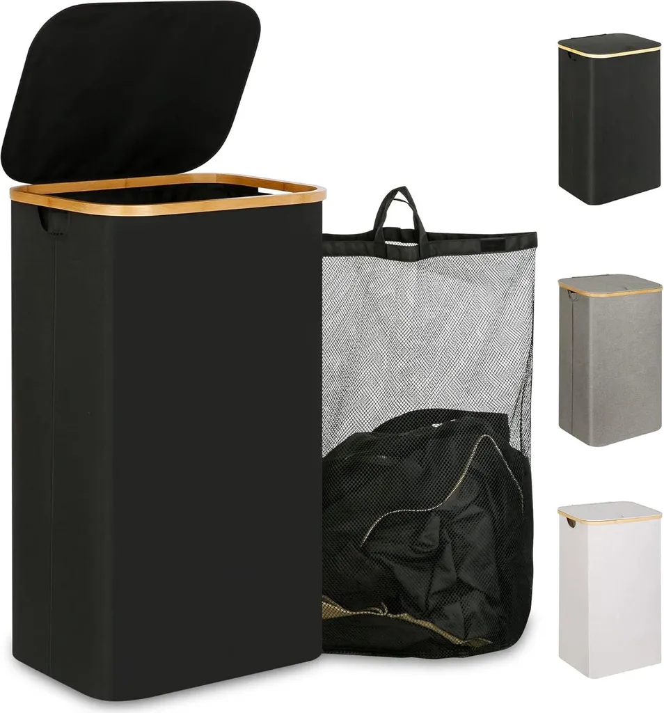 Grand Panier à Linge Noir 110L avec Couvercle et Poignées en Bambou