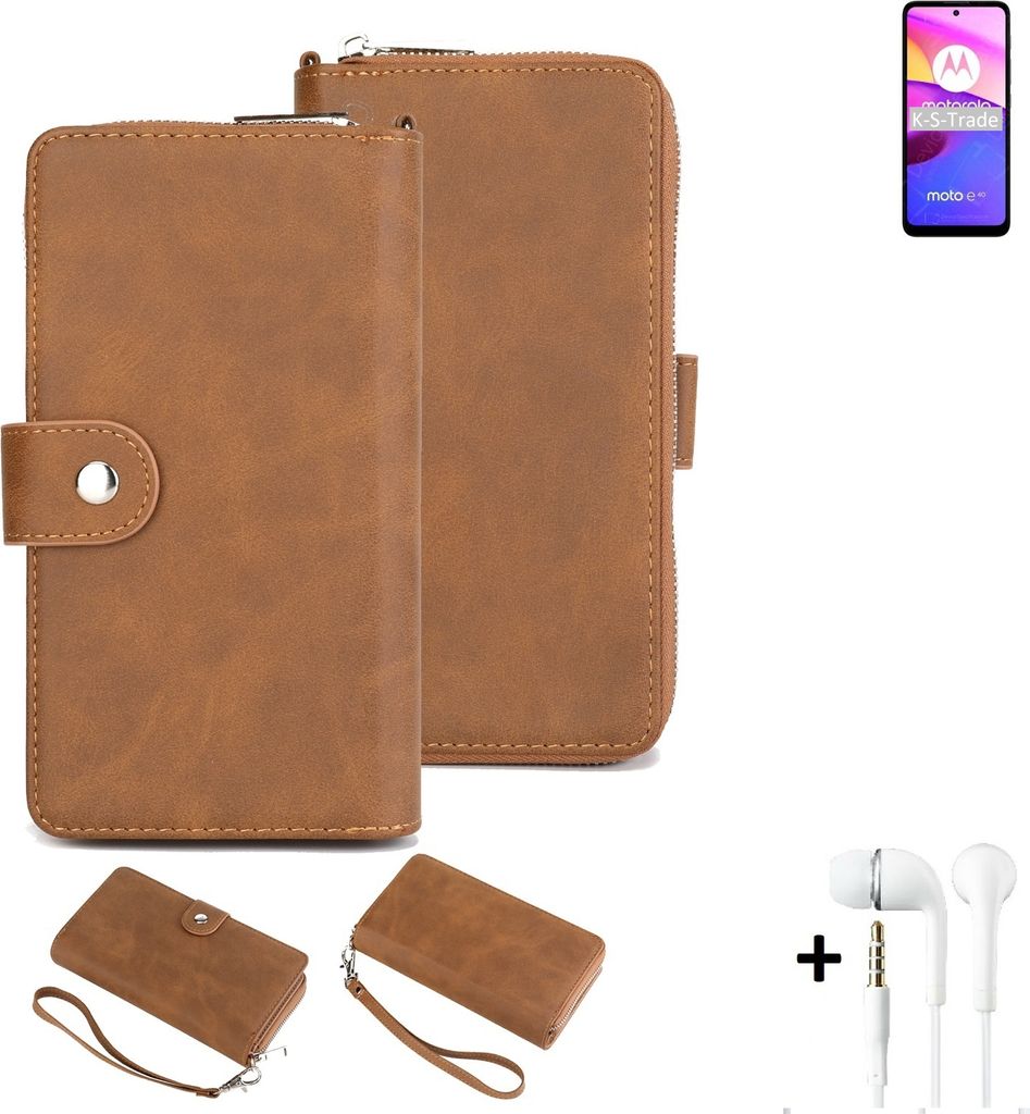K-S-Trade Handy Schutz Hülle kompatibel mit Motorola Moto E40 + Kopfhörer Portemonnee Tasche Wallet-Case Bookstyle-Etui braun (1x)