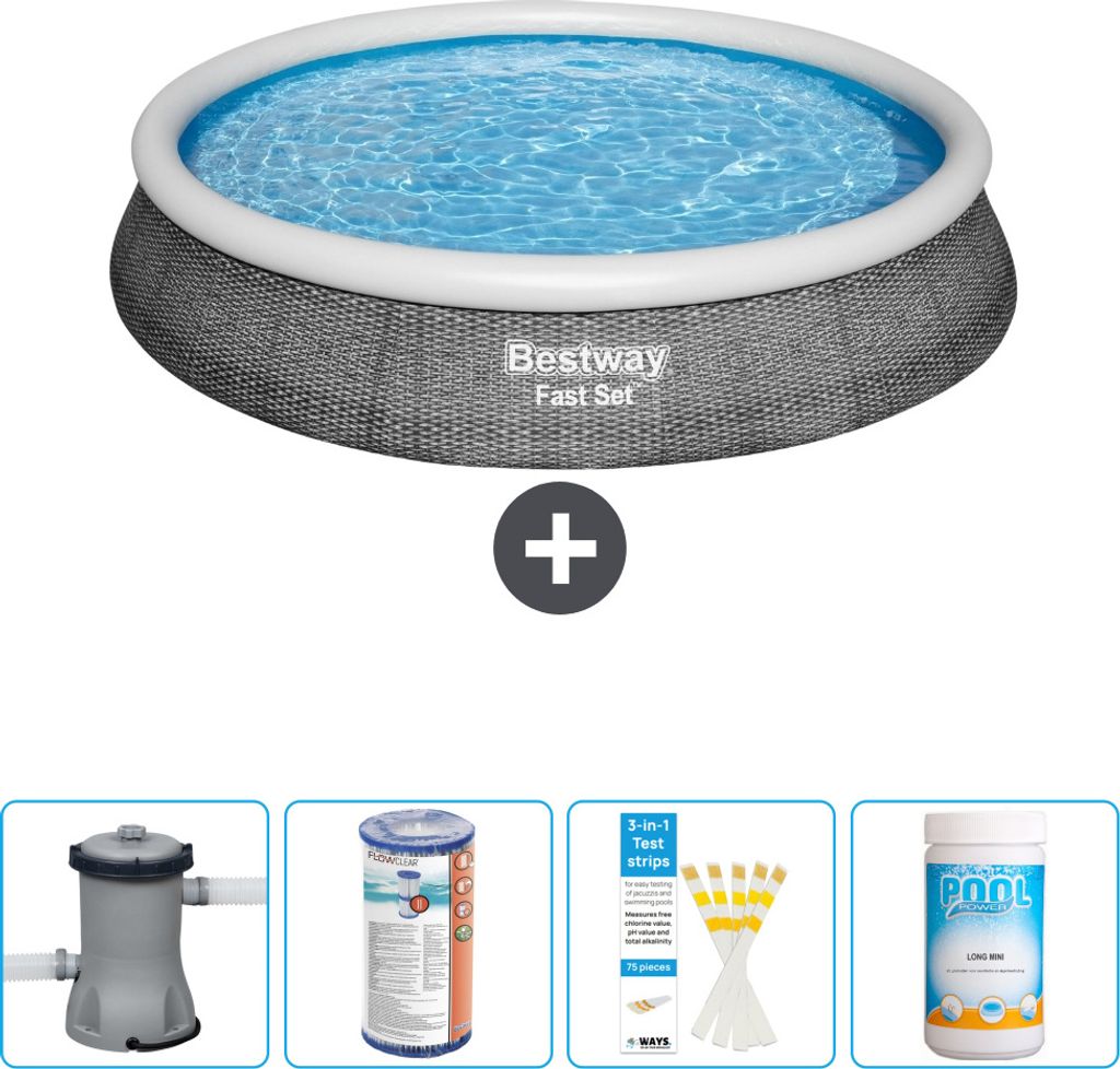 Bestway runder aufblasbarer Fast-Set-Pool – Rattan-Druck – 396 x 84 cm – inklusive Pumpe Filter - Teststreifen - Chlor