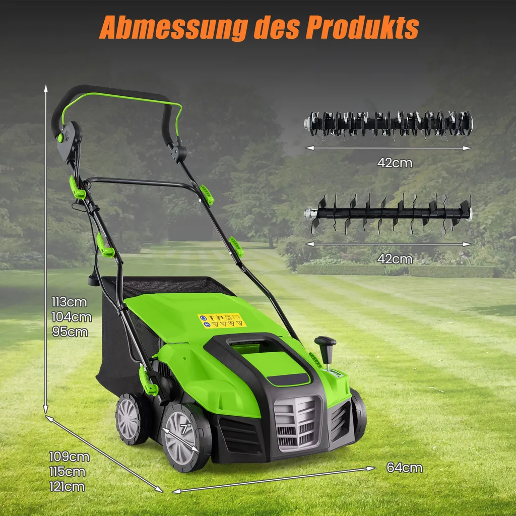 Scarificateur aérateur de gazon électrique 2 en 1 avec bac 55L Vert