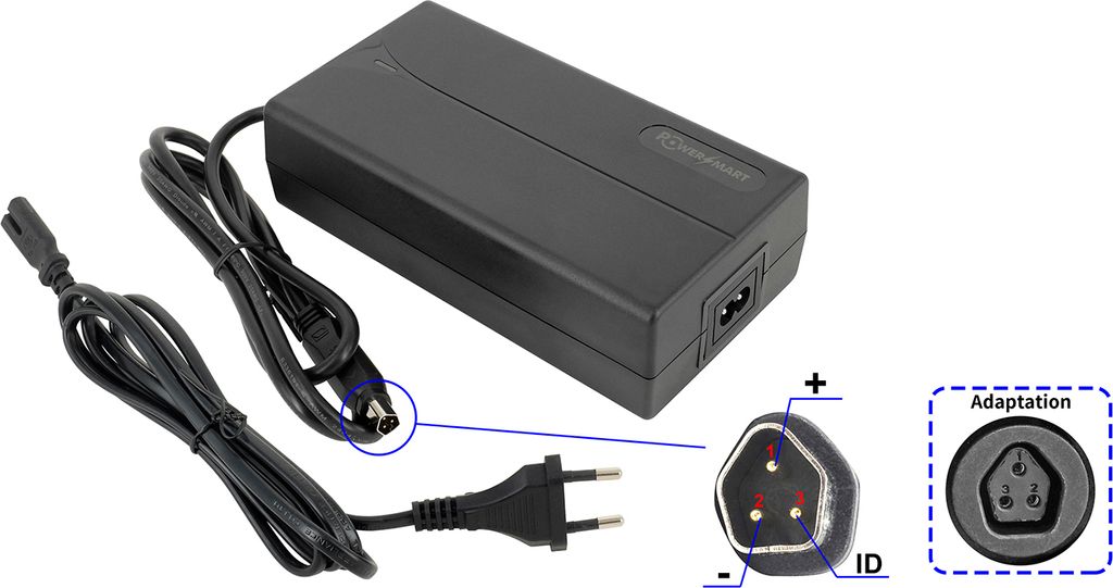 A black power adapter with two cables and a close-up view of the connector.