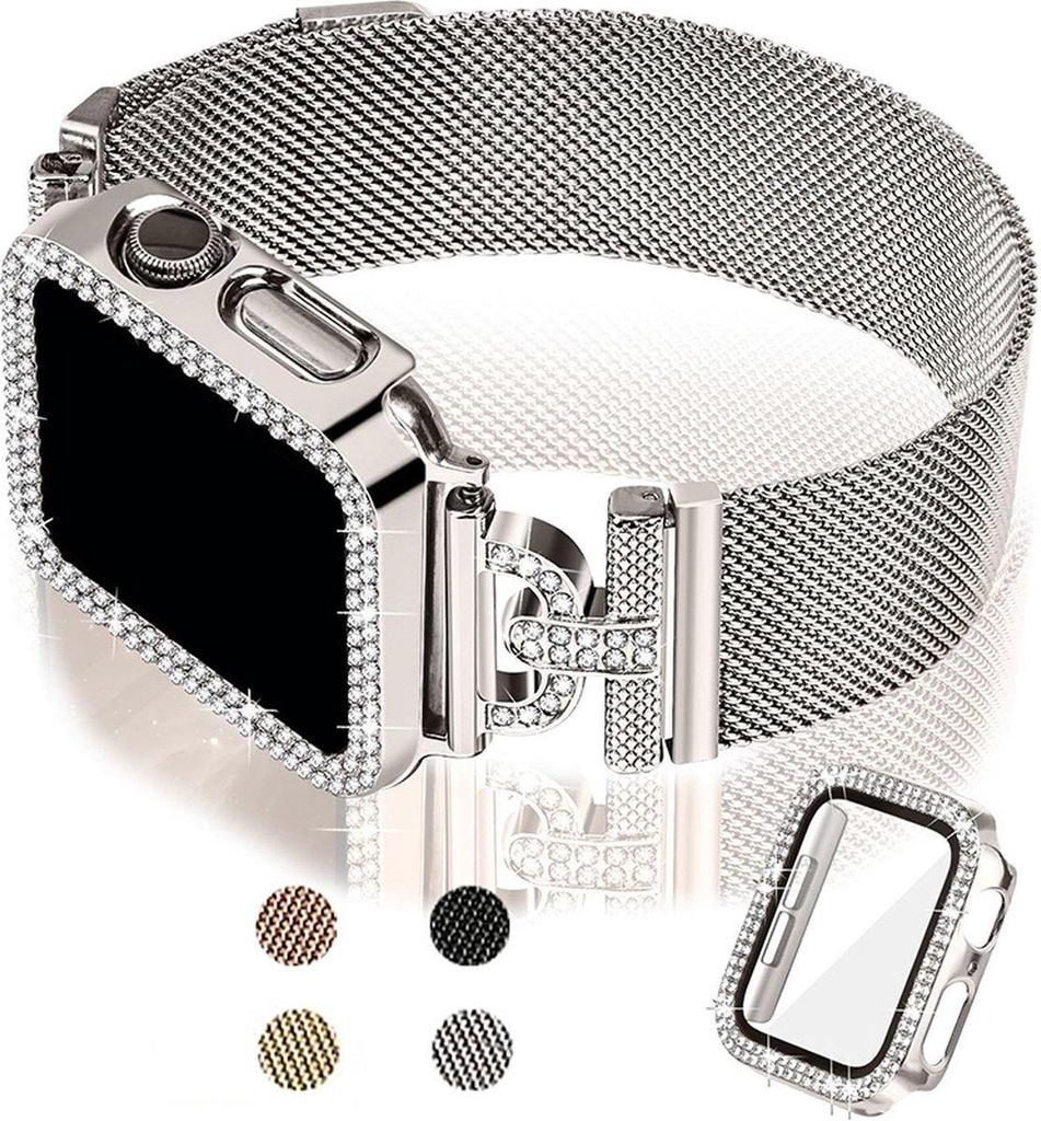 FFO2World Schlankes Milanaise-Armband für Apple Watch 44 mm (SE 1-3, Serie 4-6) – Damenarmband mit Magnetverschluss + Glitzerfolie – Starlight