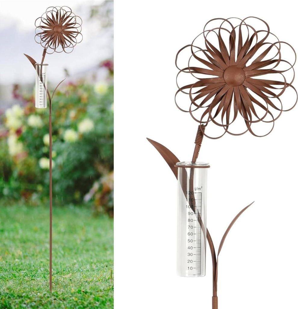 Regenmesser Bodenstecker Sonnenblumenform Metall - 110 cm - Niederschlagsmesser Glas - Gartendekoration - Gärtner - Hobby-Meteorologen