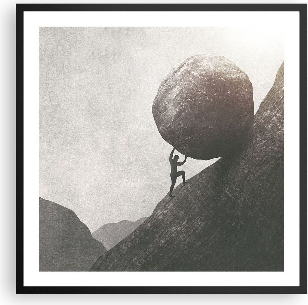 Gerahmtes Poster - Schwarzer Rahmen - Sisyphus Arbeit Stein - 60x60 cm - Wand Bild - Wanddeko - Wandbilder - Kunstposter - Wandposter - Bilderrahme...