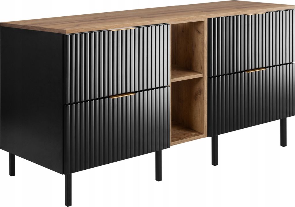 A product shot of a black and brown cabinet with a wooden top and black legs, set against a white background.