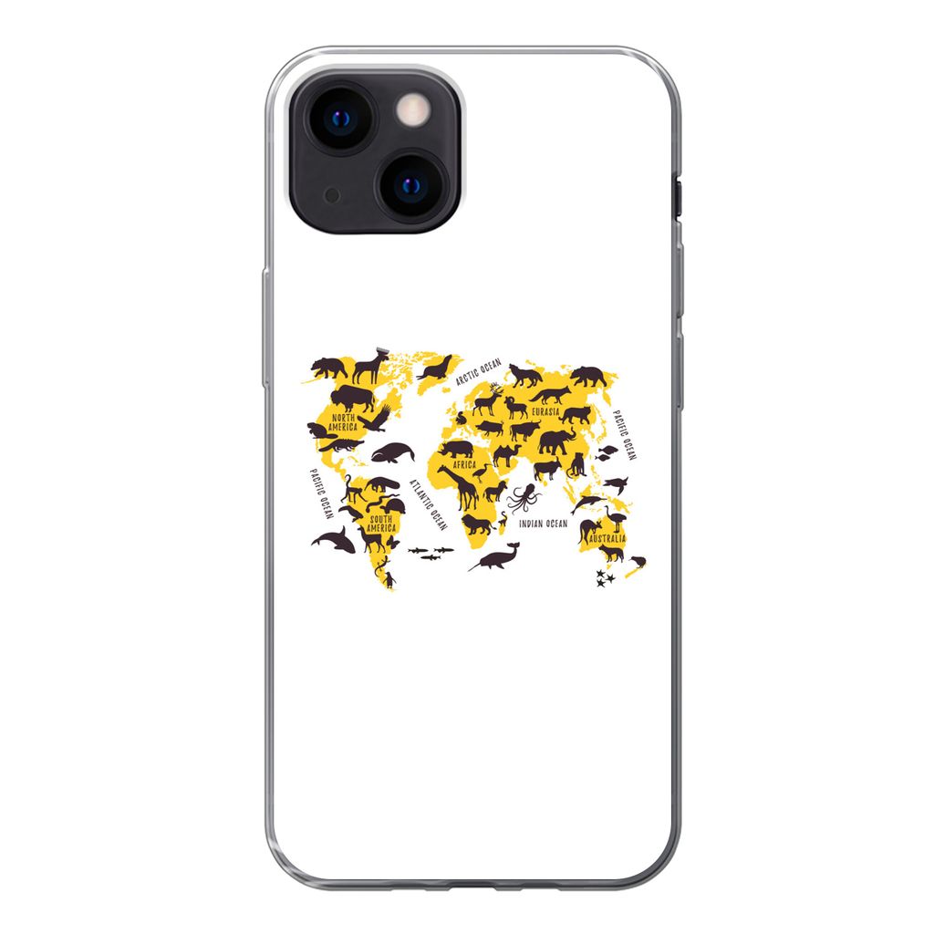 MuchoWow Handyhülle Schutzhülle Hülle für iPhone 13 mini Weltkarte - Tiere - Gelb Silikon Softcase Handy Hülle - Softcase