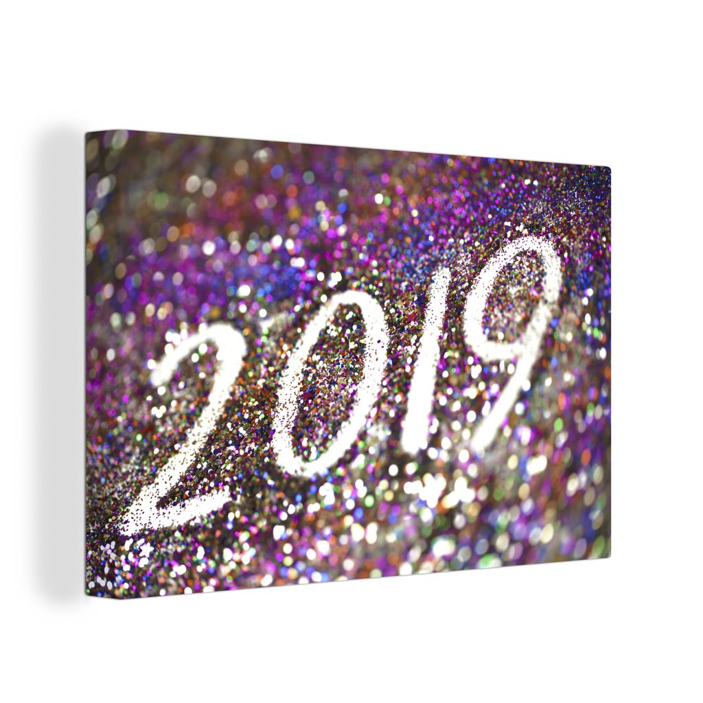 OneMillionCanvasses - Leinwandbilder - 140x90 cm, Frohes neues Jahr 2019 mit Glitzer, Wandbilder Kunstdruck Wanddekoration