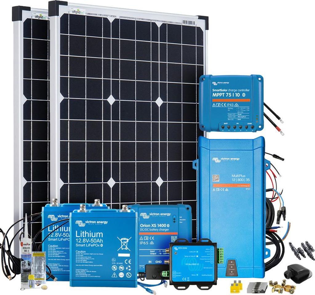 Offgridtec Mobil VeCore S 100W 1280Wh Wohnmobil Solaranlage inkl. MultiPlus12/800/35 Wechselrichter, Batterieladegrät und Laderegler - schwarz