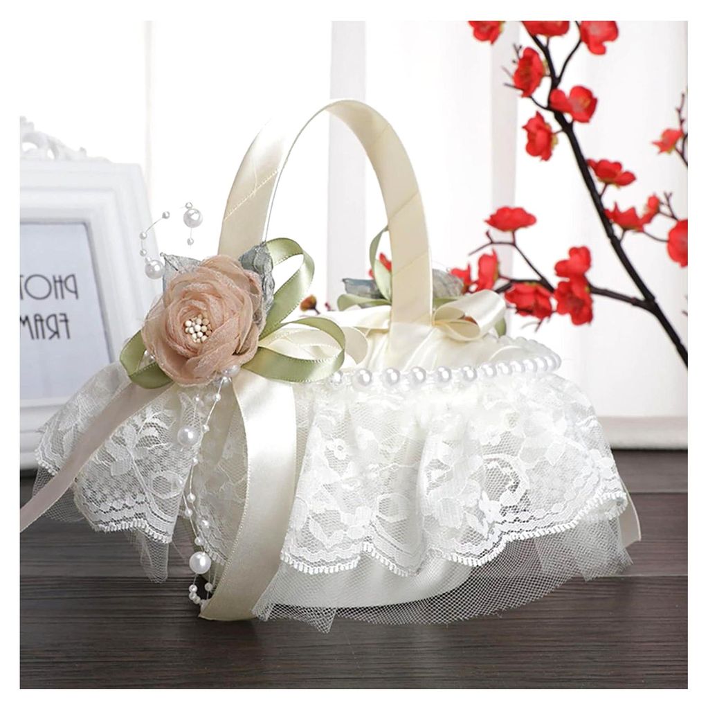 Blumenkorb für Blumenmädchen, weiße Spitze mit Seidenrose und Perle, eleganter Satin-Blumenkorb für Hochzeitszeremonien und Partys, 2 Stück