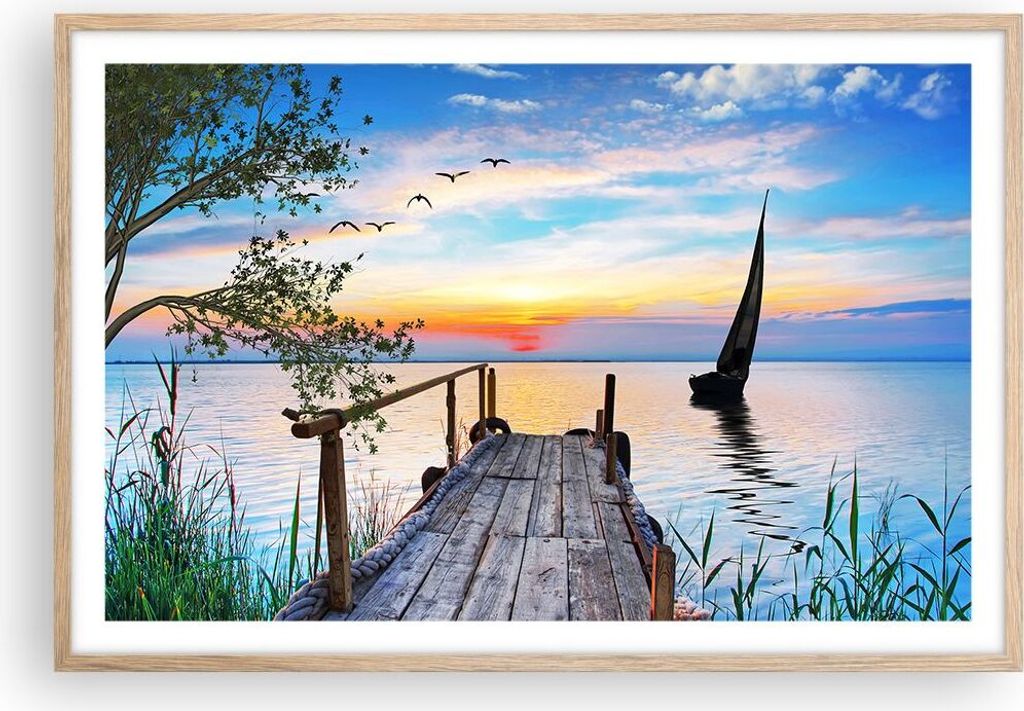 Gerahmtes Poster - Rahmen in heller Eiche - Brücke See - 91,5x61 cm - Wand Bild - Wanddeko - Wandbilder - Kunstposter - Wandposter - Bilderrahmen ...