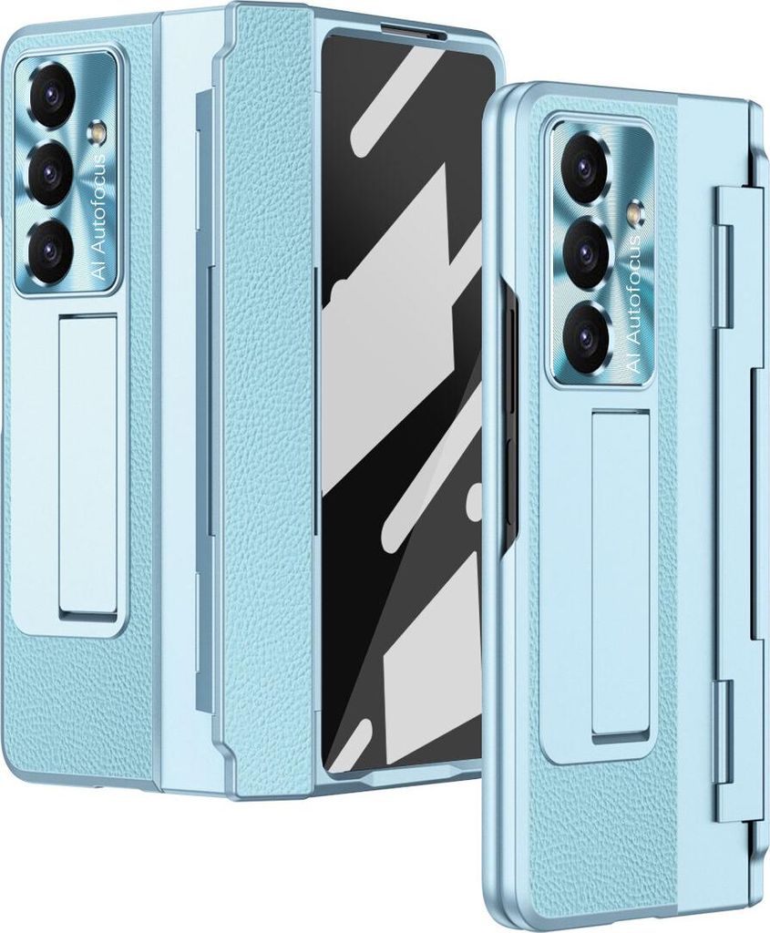 Hülle für Samsung Galaxy Z Fold 7 mit Displayschutz & Objektivschutz Litschi Ständer Schutzhülle Blau