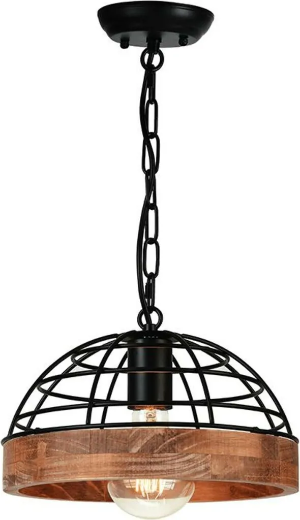Lustre suspension Tesla bois naturel et métal noir pour ampoule E27
