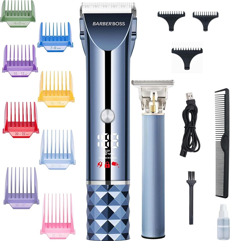 Bart- und Haarschneider-Set für Herren, T-Klingen-Trimmer aus Keramik und Titan, 8 farbige Kammaufsätze, mit USB-Aufladung